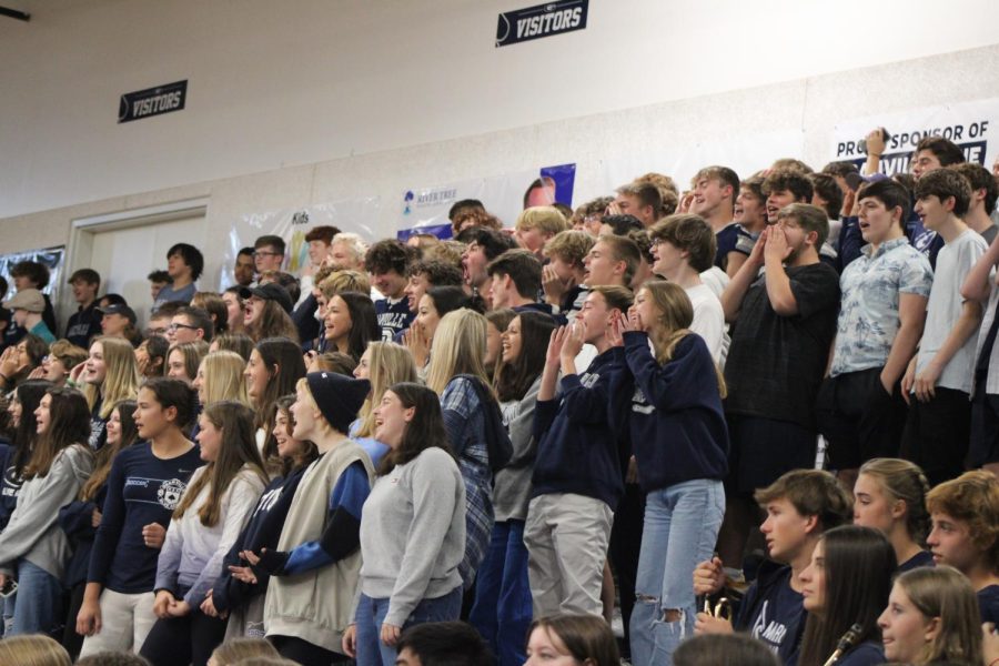 Sophmores and Freshman stand together and cheer during the homecoming pep rally. 
