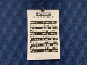 The schedule for advisory period days. Photo courtesy of Grace Portzline.