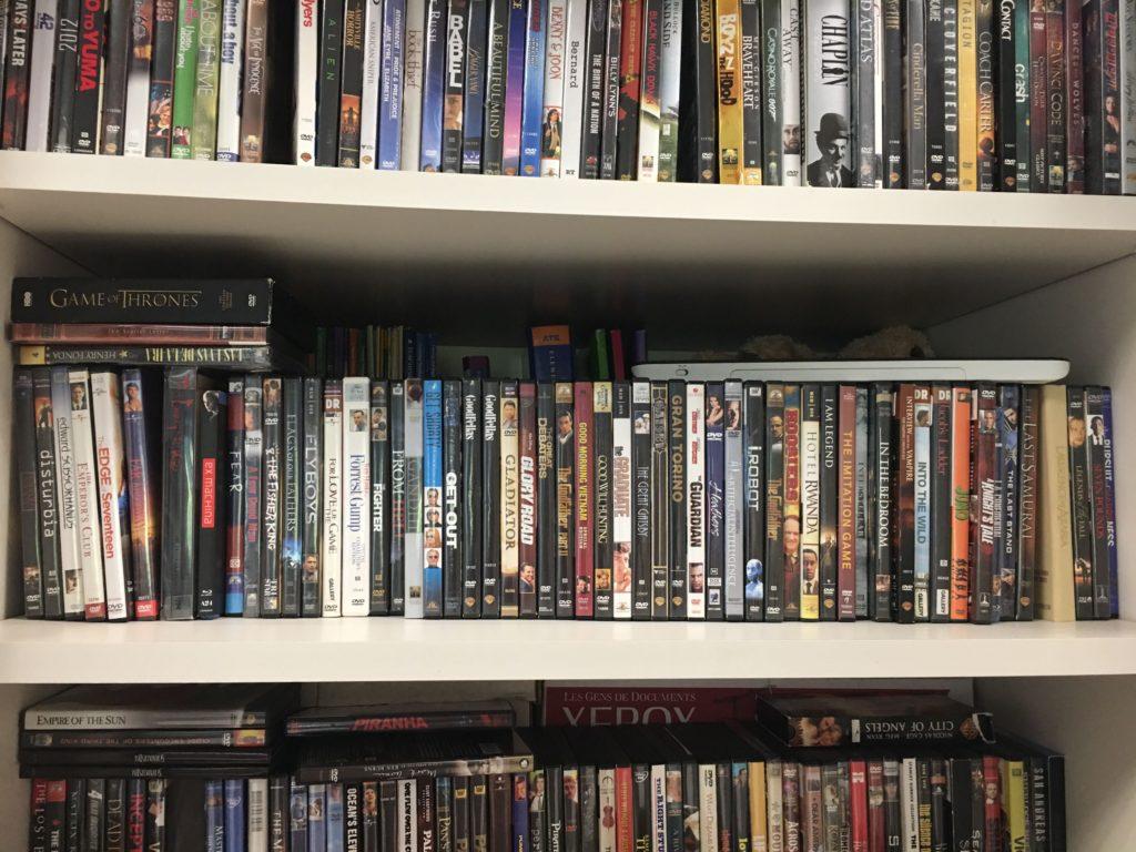 English and Film Literature teacher Mrs. Mullins film collection in his room. Photo courtesy of Grace Portzline