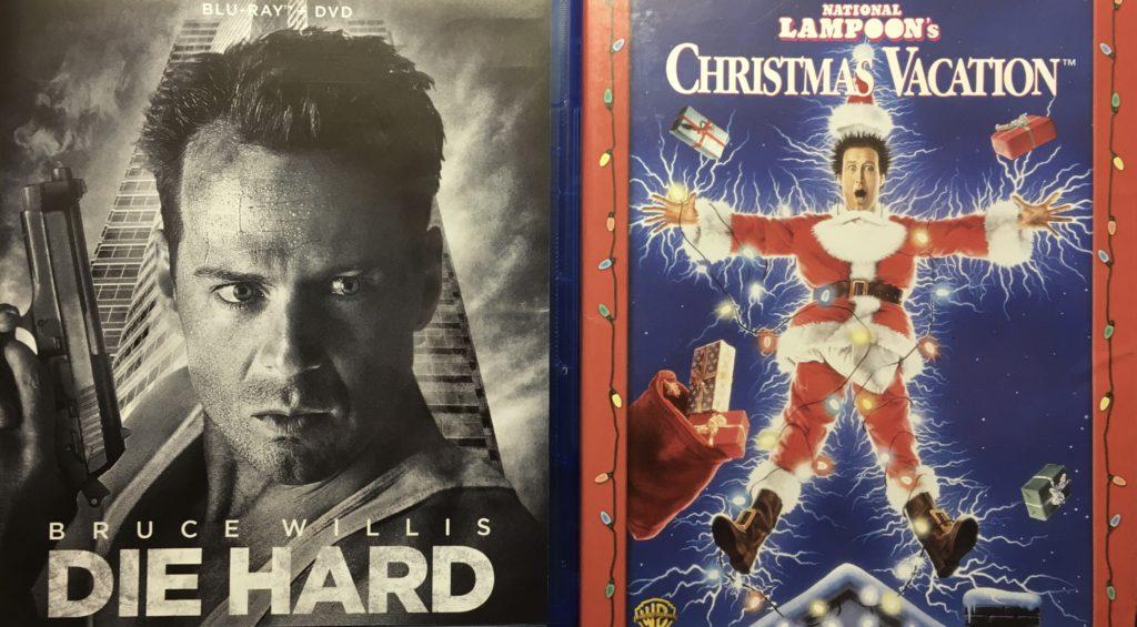 Covers from Die Hard (Left) and National Lampoons Christmas Vacation (Right) that depict two very different types of Christmas movies
