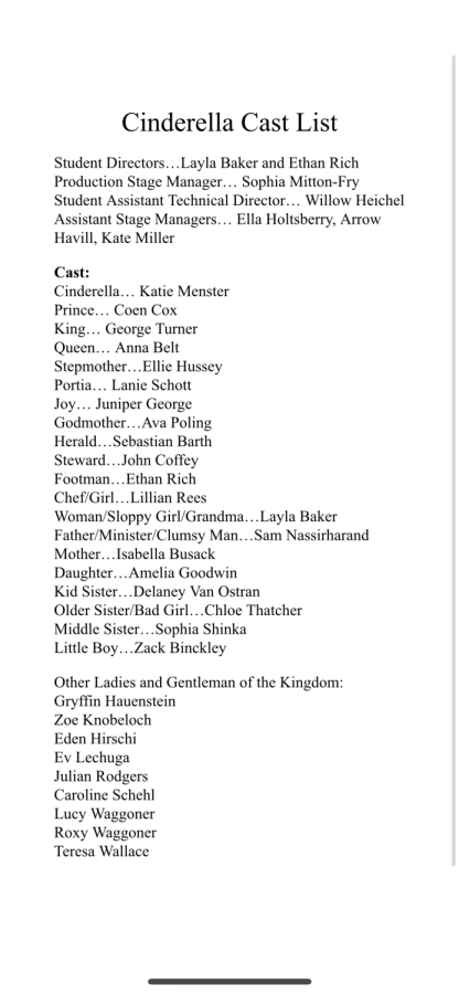 Theater department announces cast list for upcoming musical Cinderella