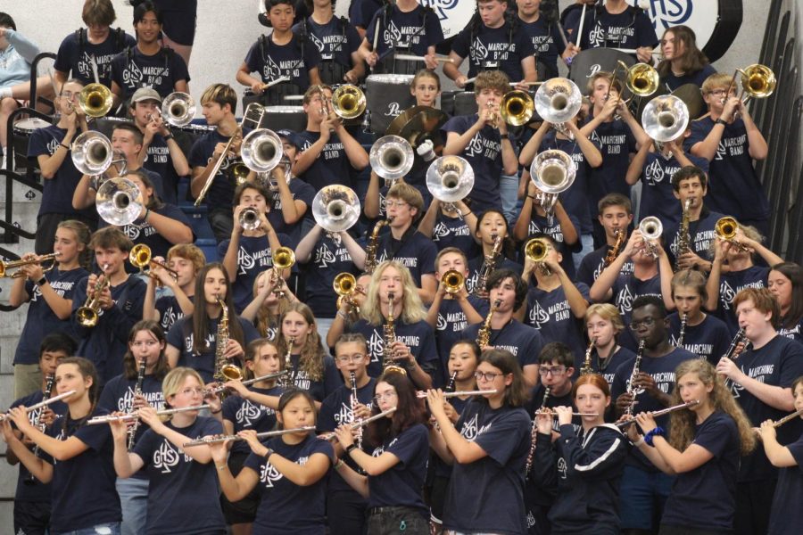 The Granville High School Marching Band plays in the stands to entertain students and staff during the pep rally. 