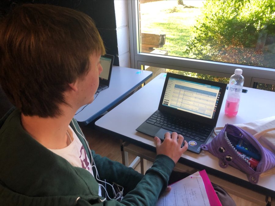 Eliot Albery checks his grades in study hall. Many students have been stressed with the inability to see their grades. 