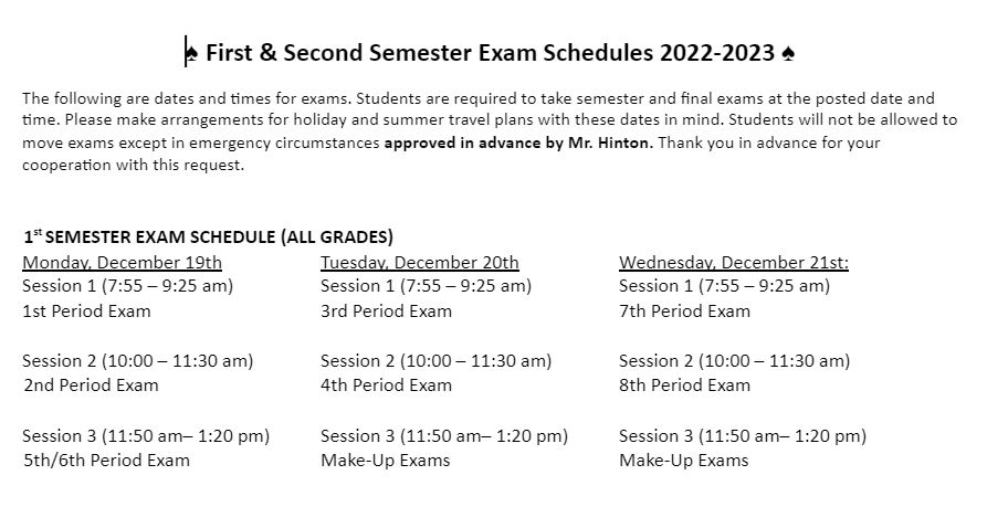 The midterm exam schedule is displayed on the school website. Exams will take place during 3 sessions each day of Dec. 19 - Dec. 21.