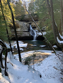 A waterfall in the Old Mans Cave trail shows just one feature Hocking Hills has to offer. Many trails in and around Granville offer a variety of hiking experiences.