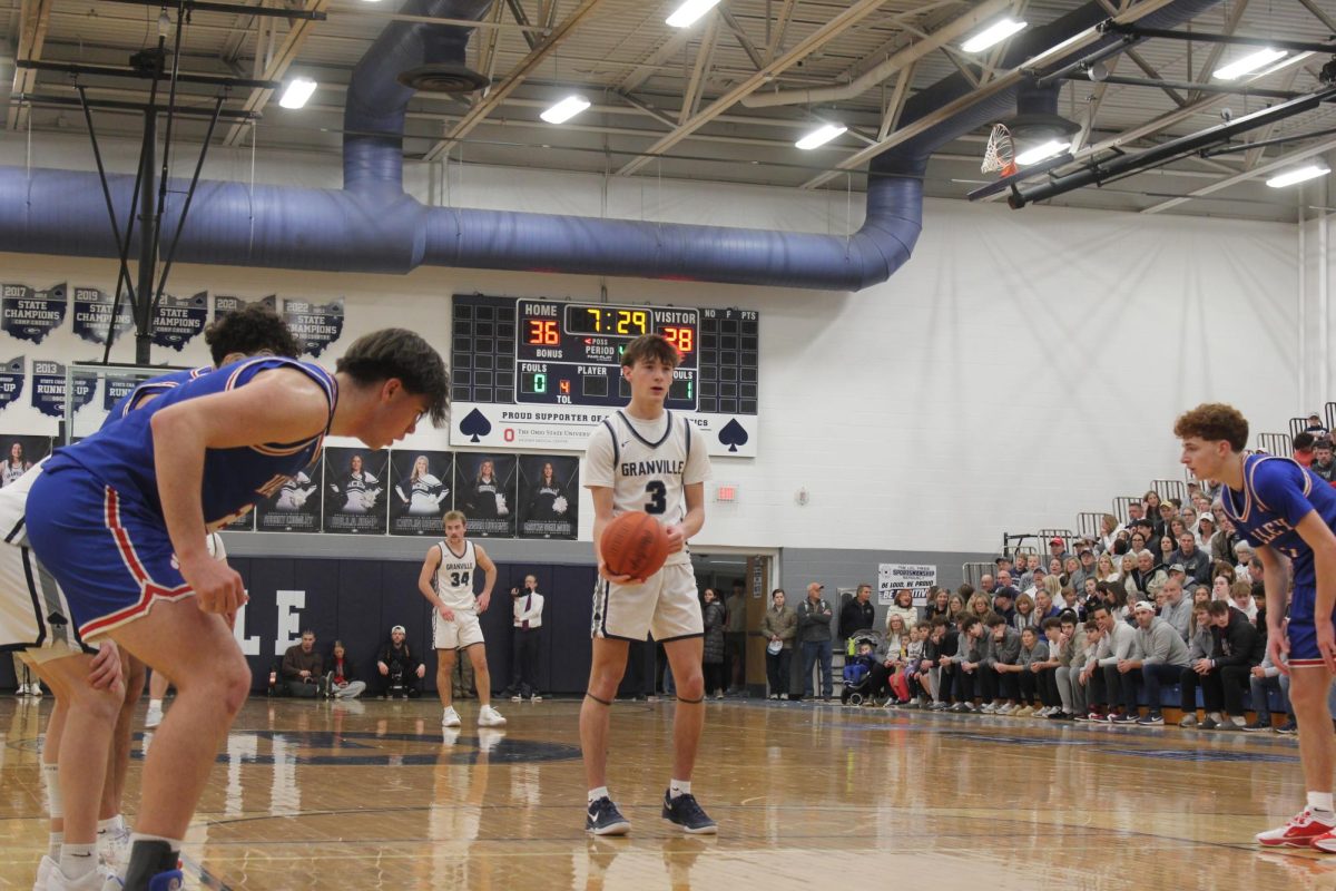 Keegan Cross shoots a free throw. Granville beat Licking Valley for the third time this season on Feb. 18.