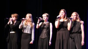 Abbie Shapiro (10), Nyah Painter (10), Elliott Smith (10), Iris Dorman (9) and Adaline Henshaw (9) share the spotlight while performing with the Ace-appellas. The GHS Music Department Awards Night featured performances by a variety of music groups and the presentation of awards, followed by the recognition of seniors in the Music Department.