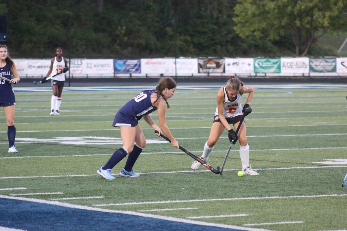 Sophomore Greta Laughbaum dynamically defended the ball against the Columbus Academy. Gretan then scores the goal for Granville.