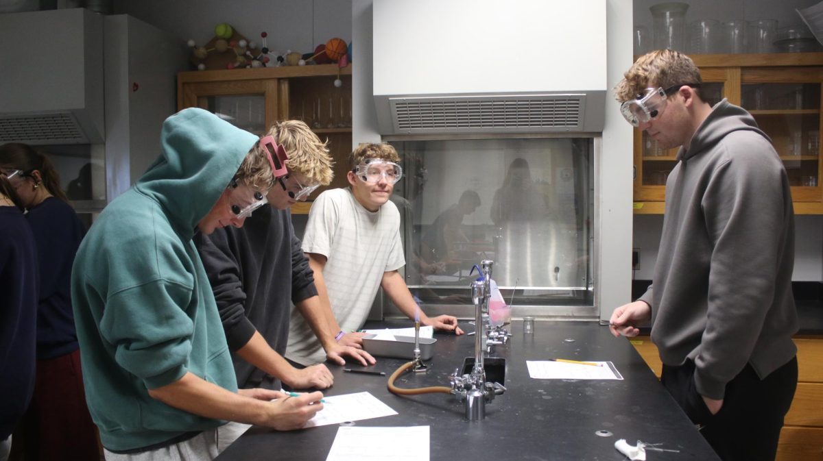 Seniors, Keegan Cross, Jakob Culver, Landon Goss, and Cayden Strasser collaborate.