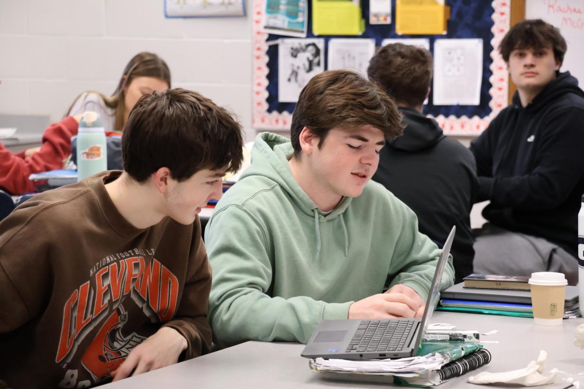 In forensic's class, seniors Ryan Gossman and Rory Mcshane work together. This week their class has been studying bones.