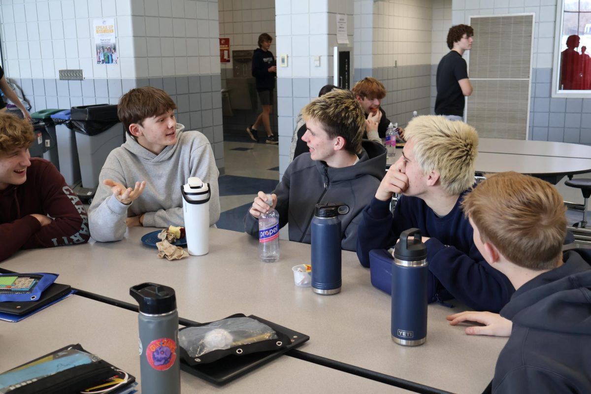 Sophomores Stevie Joseph, Chace Camarata, AJ Bergeron and Cooper Shaw have a good laugh while they are at lunch and out of class for a few minutes.