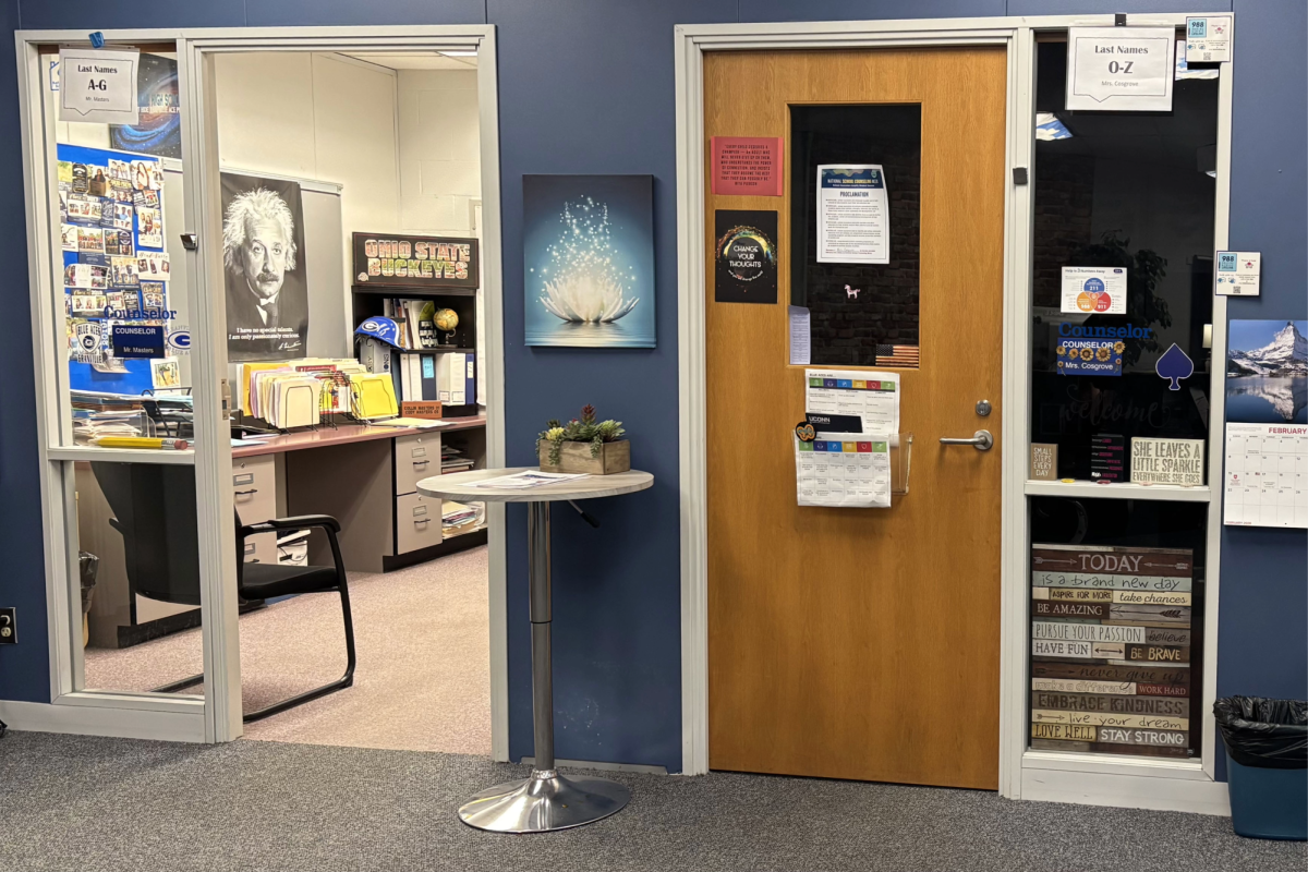 The office doors to counselors Mr. Masters and Mrs. Cosgrove are labeled with the last names of students they handle. This winter, they each took on around an extra 150 students with the temporary absence of Mrs. Adams.